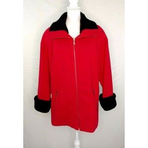 Braetan Womens Wool Coat Sz 10 Red Black Full Zip Faux Fur Made In Ukraine